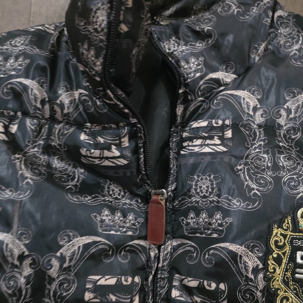 Sean John Puffer Jacket 2XL Black Full Zip Crown Crest Monogram Print Coat - Picture 6 of 15